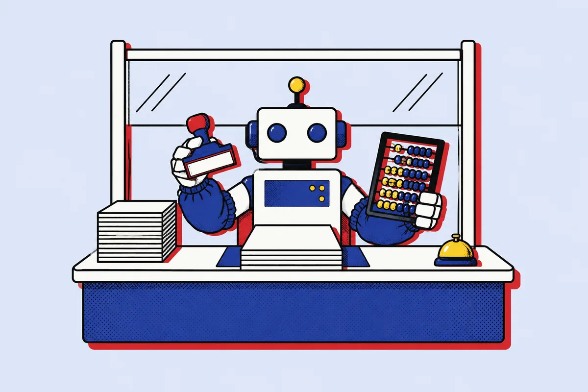 A robot clerk behind a counter window, stamp in one hand and abacus in the other