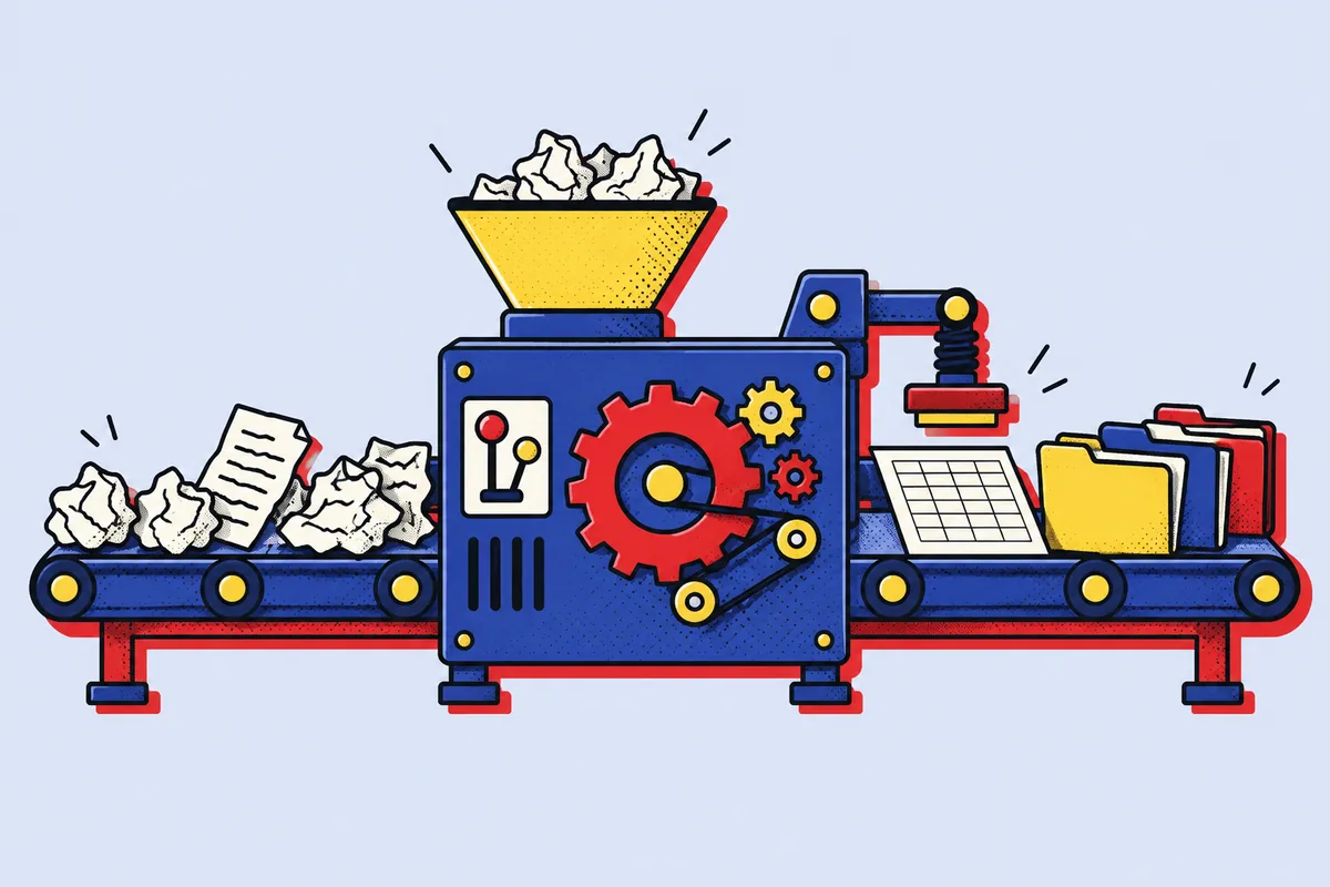 A conveyor machine: crumpled papers go in on the left, neat folders and a table come out on the right